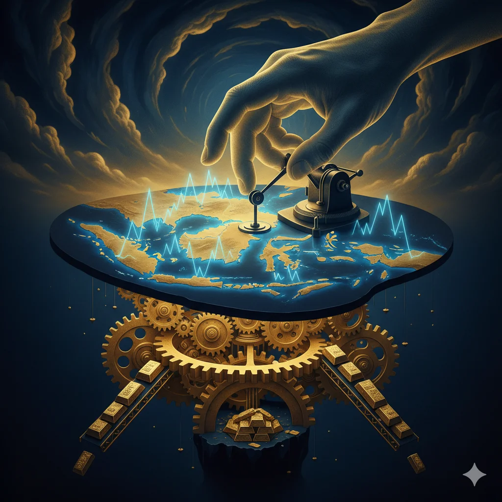 Visualisasi teori ilusi pergeseran lempeng bumi sebagai alat kontrol politik dan ekonomi global.